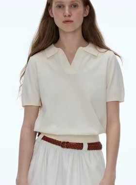 LINHOUSE复古白色polo衫短袖针织衫夏法式通勤休闲毛衣t恤上衣女