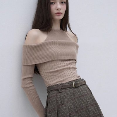 韩国labelleblanc法式假两件一字肩针织衫毛衣女秋季修身露肩上衣