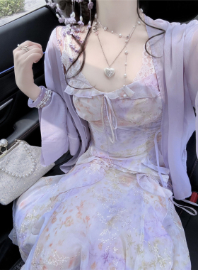 紫色高级感碎花吊带连衣裙子女夏季2026新款绝美穿搭一整套装长裙