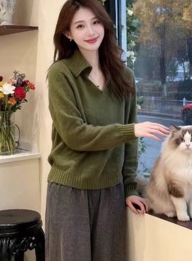 慵懒风绿色翻领软糯毛衣女秋冬2025新款宽松长袖针织衫套头上衣潮