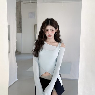 印花辣妹不规则美洋多穿法打底显瘦长袖T恤打底衫alright