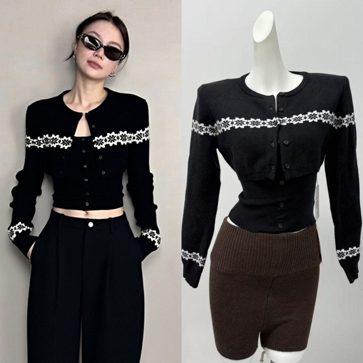 CUTE 费尔岛雪花针织短开衫+修身系带吊带背心两件套