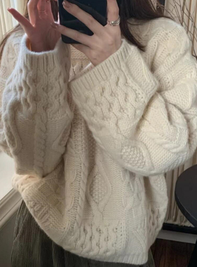 慵懒风白色麻花套头毛衣女秋冬季2025新款韩系高级感宽松针织上衣