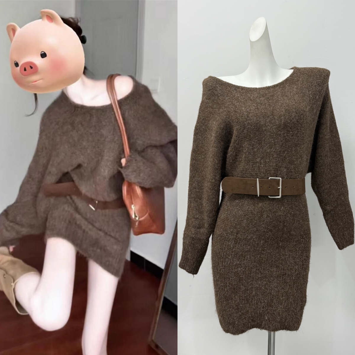 solo爆爆顶楼辣妹韩系氛围感复古针织连衣裙女宽松气质腰带上衣