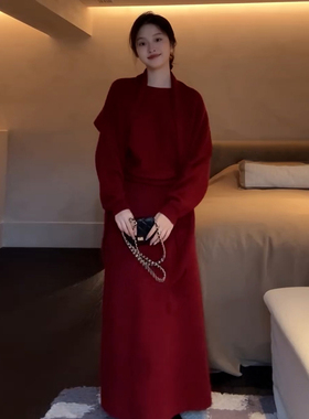 圣诞红色针织毛衣连衣裙子女装2025秋冬新款千金感穿搭一整套长裙