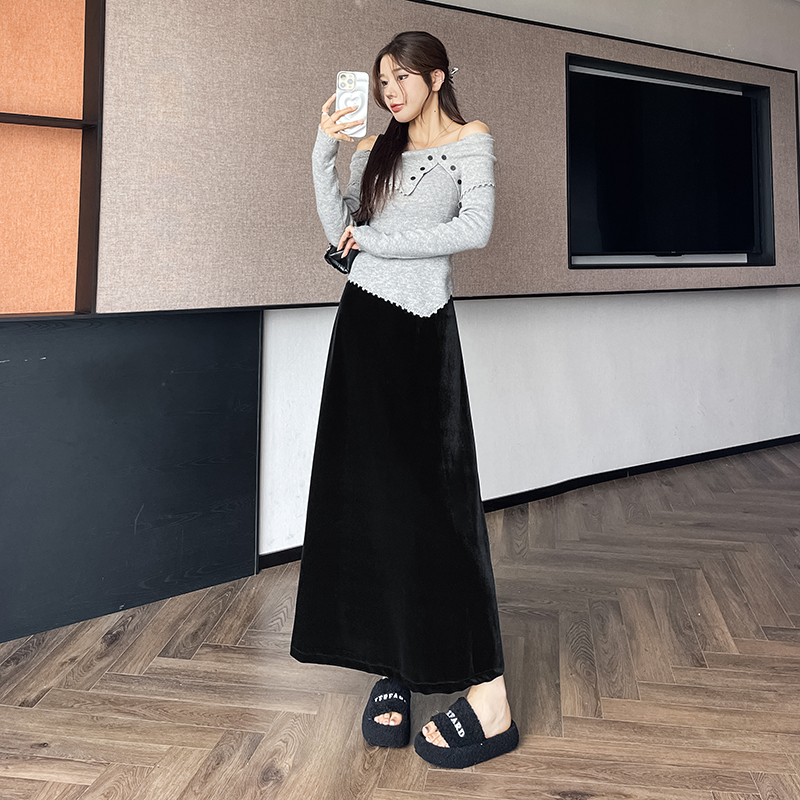丝绒鱼尾半身裙2025年秋冬新款中长款百搭A字裙修身显瘦裙子女