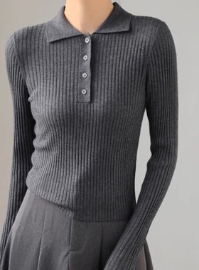 法式复古POLO领羊毛长袖针织衫女2025秋修身套头内搭打底毛衣灰色