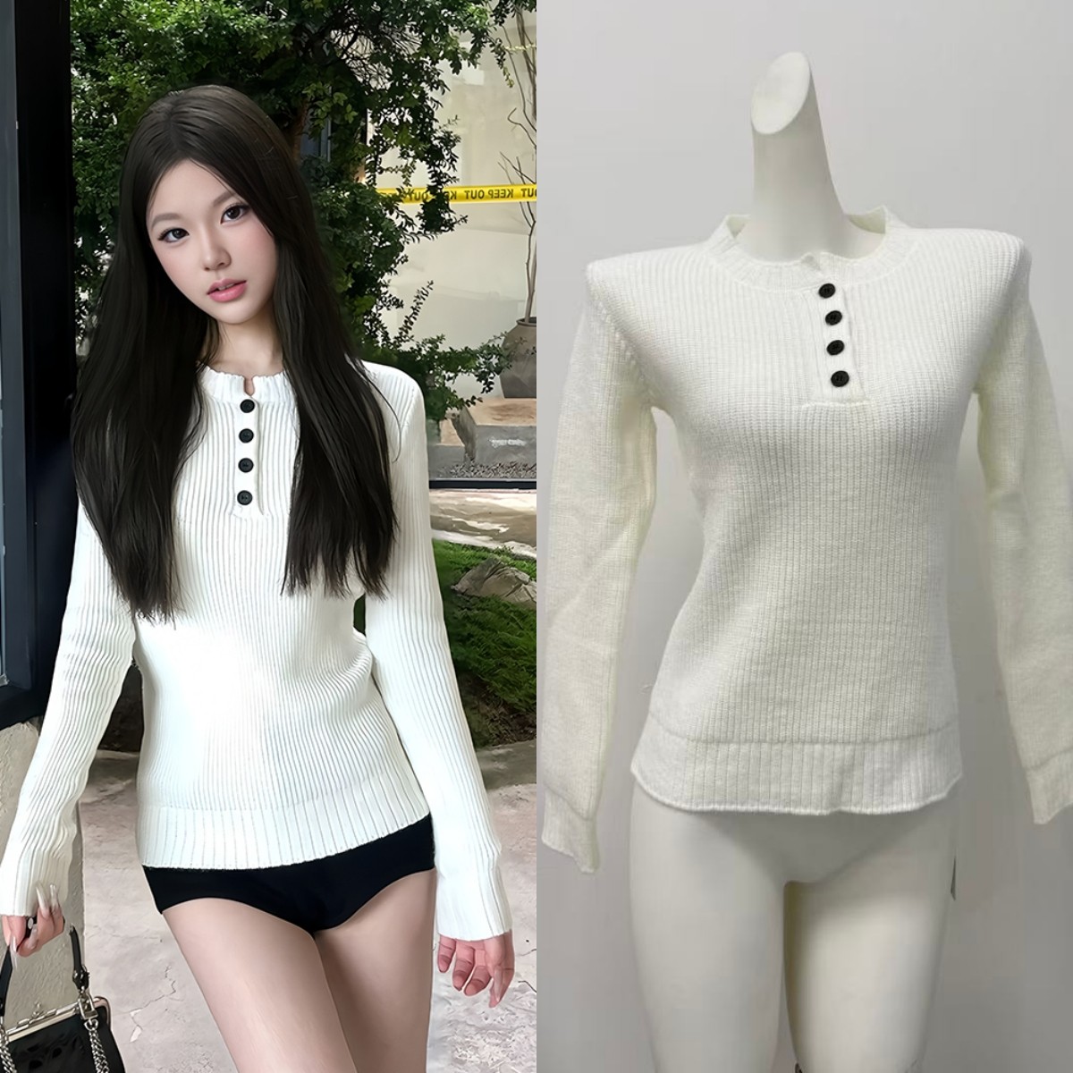 HEYABC 美式辣妹亨利领长袖针织衫女2025百搭休闲显瘦毛衣打底衫