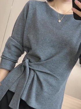 灰色圆领长袖绑结T恤女2025秋季新款小众设计感时尚气质百搭上衣