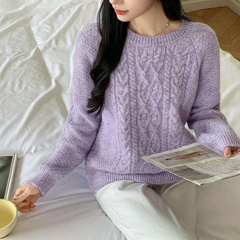 秋冬新款韩式慵懒风经典麻花圆领套头纯色毛衣女紫色针织衫女
