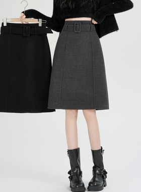 实拍灰色极简风毛呢中裙女秋冬新款显瘦a字裙百搭通勤气质半身裙