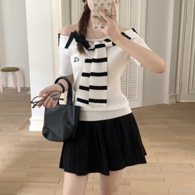 CODICE 夏季条纹拼接水手领设计感一字肩修身显瘦短袖打底上衣女