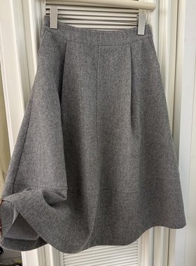韩国灰色羊毛呢花苞半身裙女2025秋冬小个子高腰显瘦中长百褶伞裙