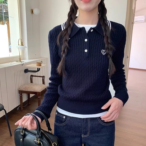 cozydays学院麻花刺绣polo针织衫女秋冬长袖毛衣秋新软糯套头上衣