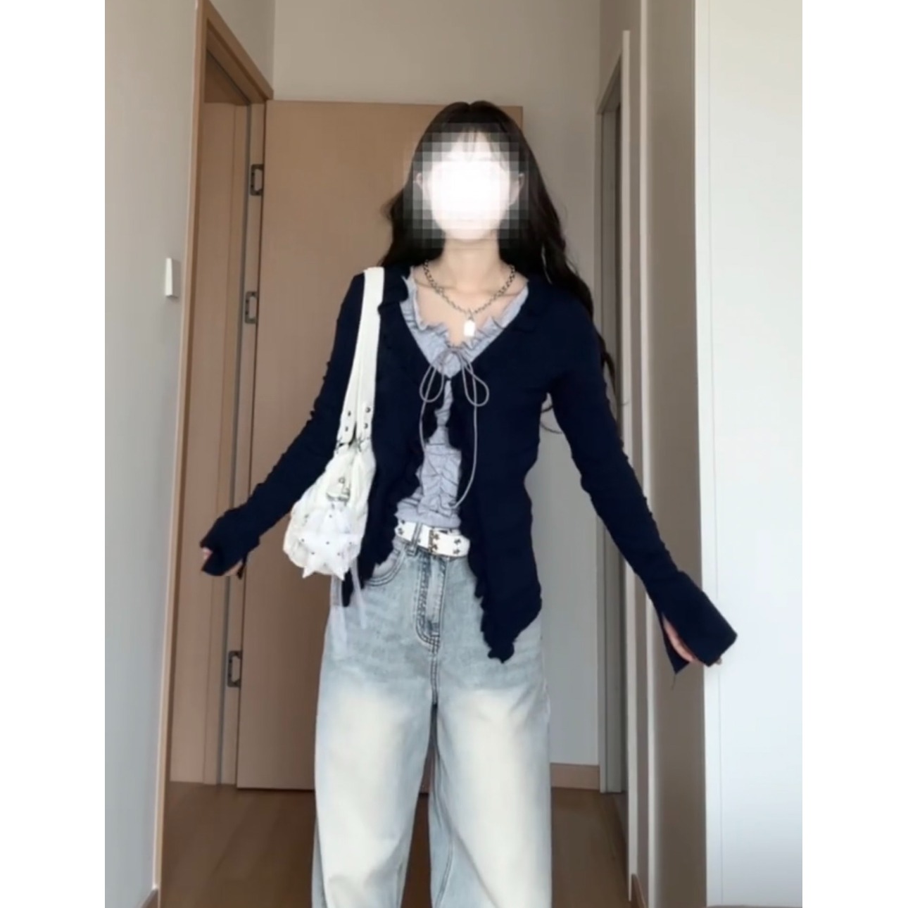 2025超火秋装一整套韩系简约木耳边褶皱长袖t恤上衣针织开衫套装