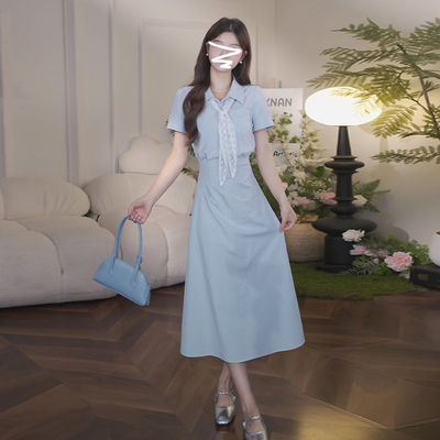 蓝色polo领衬衫连衣裙子女夏2025新款高级感收腰显瘦法式气质长裙