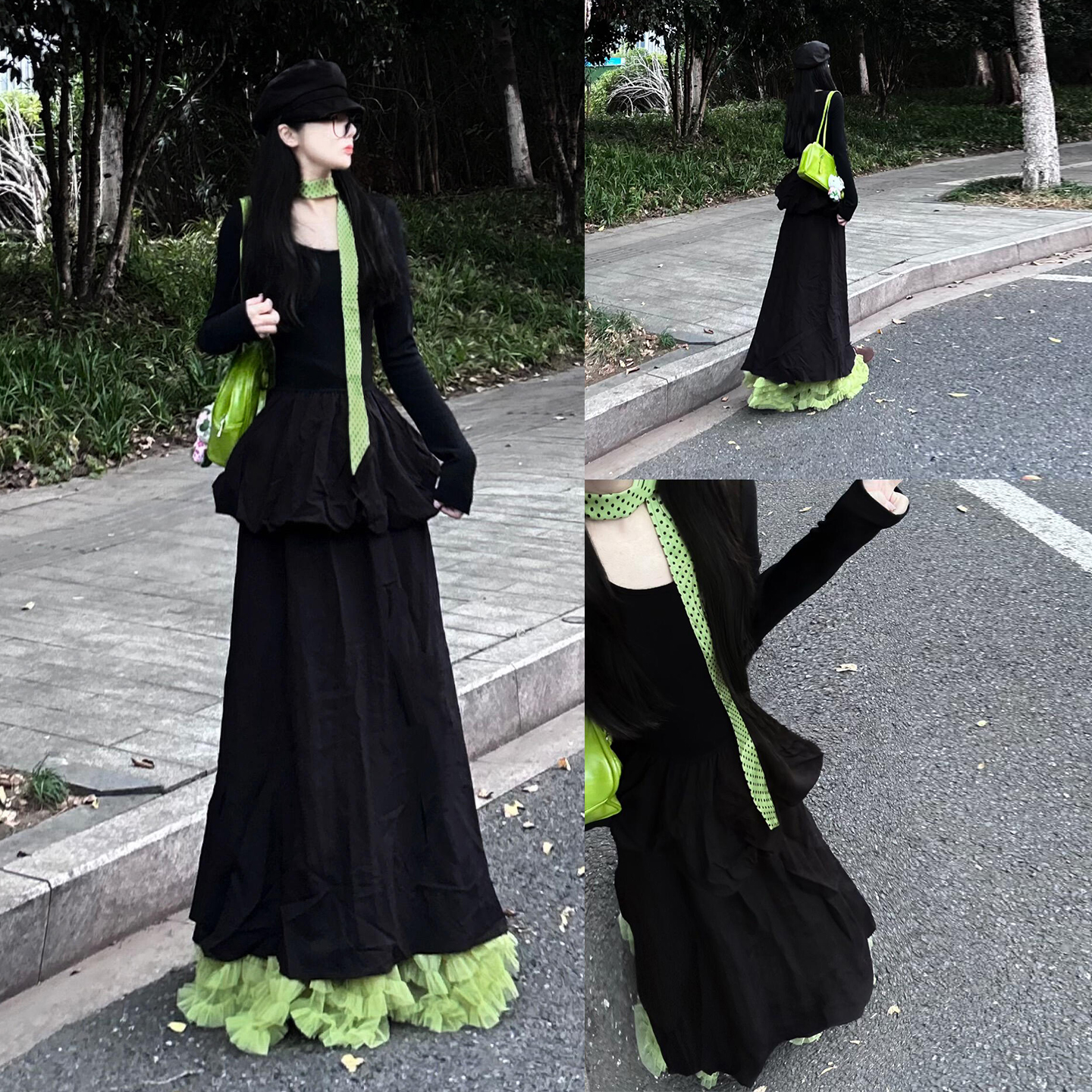 法式巨好看花苞蓬蓬长裙2025新款秋冬修身显瘦气质黑色连衣裙子女