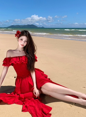 红色一字肩连衣裙女夏季海边度假风荷叶边显白长裙沙滩旅游穿搭