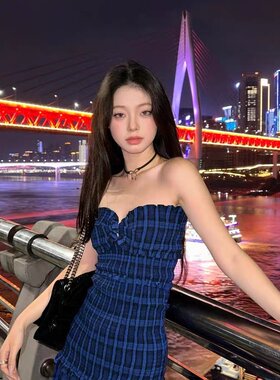 韩风抹胸性感辣妹风演唱会裙子纯欲风开叉连衣裙格子裙长裙