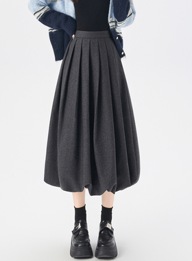 实拍灰色毛呢花苞裙女秋冬高级感百褶半身裙中长款气质A字蓬蓬裙