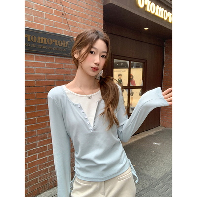 白色感then抽绳美洋显瘦长袖t恤女2026新款alright拼接印花衫上衣