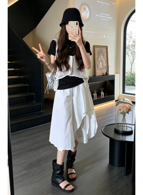 韩系独特绝美穿搭一整套裙子女夏季叠穿背心t恤蕾丝裙裤三件套装