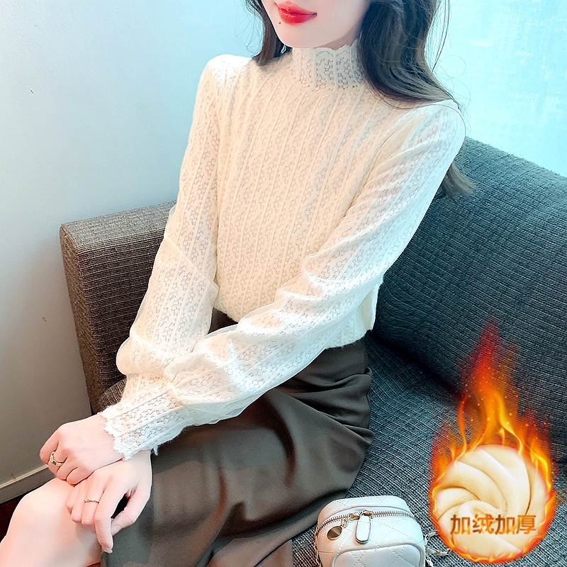 加绒加厚半高领蕾丝打底衫女士秋冬新款法式内搭上衣洋气漂亮小衫