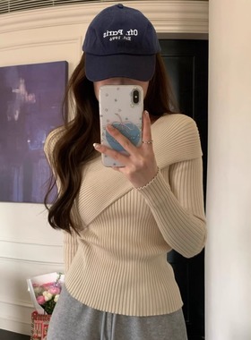 Halonini氛围festival 设计感灰紫色V领修身套头针织衫小众打底衫