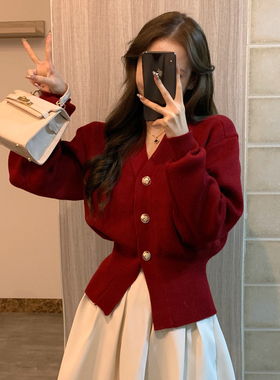 新年车厘子红色毛衣开衫女针织外套洋气收腰显瘦气质过年喜庆上衣