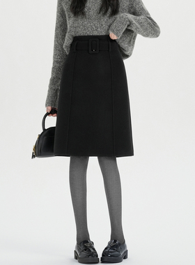 实拍灰色极简风毛呢中裙女秋冬新款显瘦a字裙百搭通勤气质半身裙