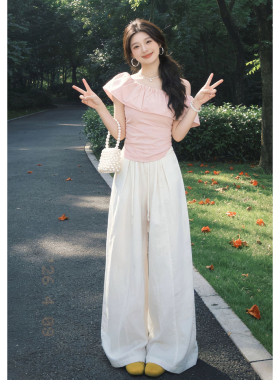 一字肩上衣休闲阔脚裤两件套装女夏季2026新款巨好看漂亮穿搭ootd