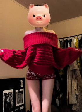 圣诞巨好看穿搭红色一字肩毛衣女秋冬2025年新款高级感慵懒风上衣