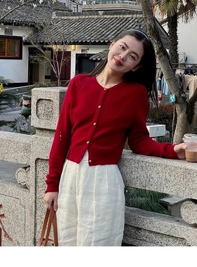 cml 红色针织开衫订婚百搭新款显瘦气质上衣复古羊毛短款外套