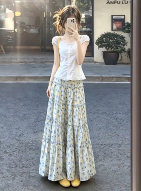 2026新款小个子甜美一整套连衣裙子女夏季白衬衫碎花蛋糕裙两件套