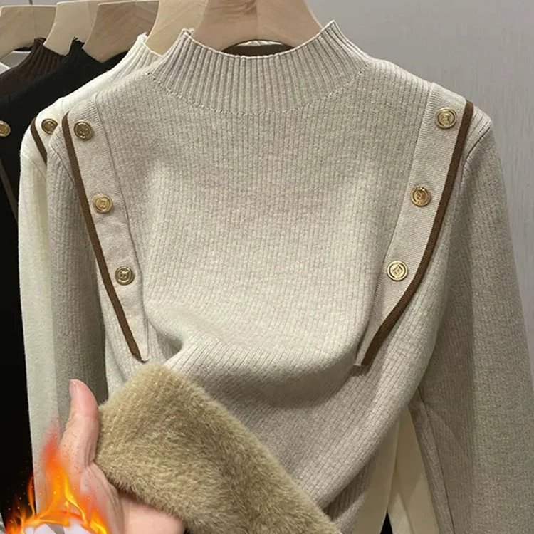 2025秋冬季新款女士毛衣打底衫加绒加厚针织衫内搭半高领上衣女装