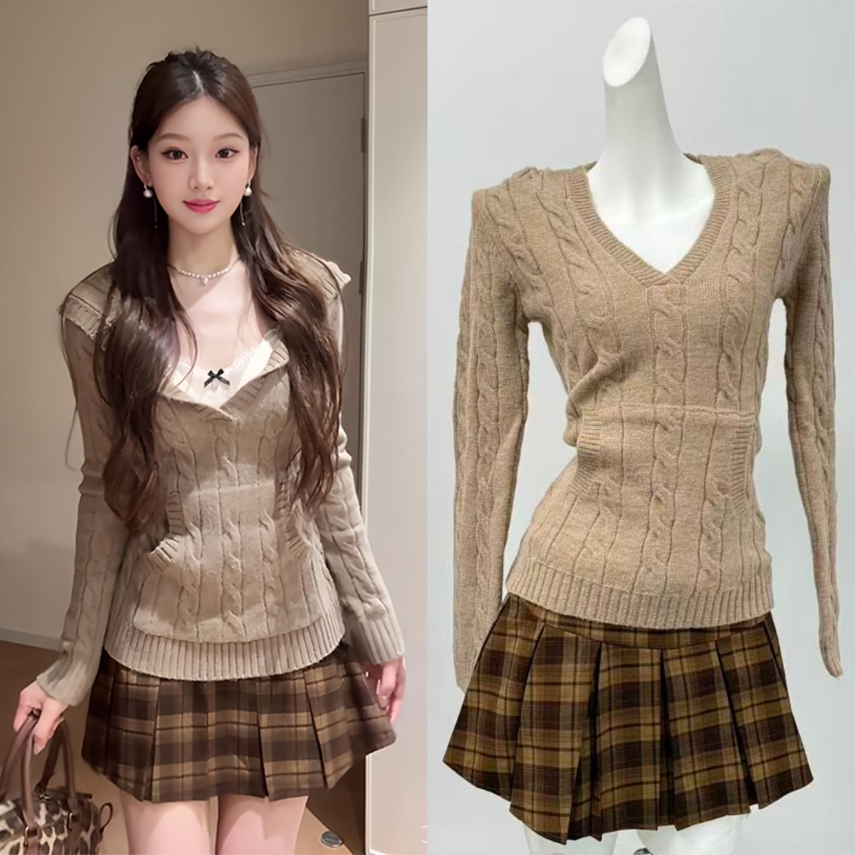 白水女 博尔盖塞公园 V领麻花针织衫女初秋收腰显瘦气质连帽上衣