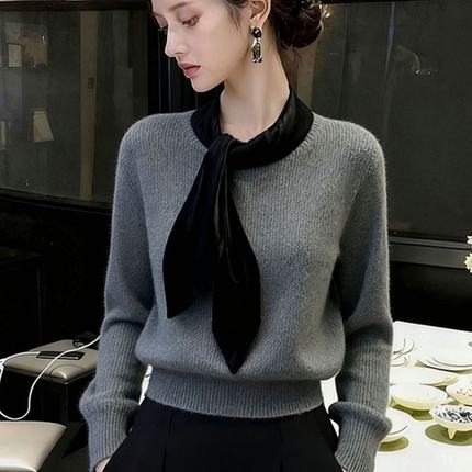 复古丝绒蝴蝶结领结泡泡袖毛衣女秋冬内搭白色羊绒软糯针织衫上衣