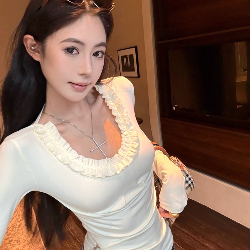 实拍实价辣妹性感露背荷叶边U领修身显瘦加绒长袖内搭打底衫上衣