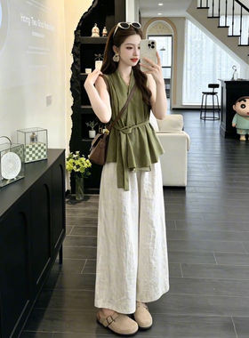 轻熟风气质穿搭一整套时尚休闲无袖绑带上衣阔腿裤子两件套装夏季