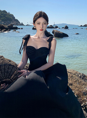 海边度假黑色抹胸上衣+高腰大摆半身裙两件套夏季显瘦气质长裙