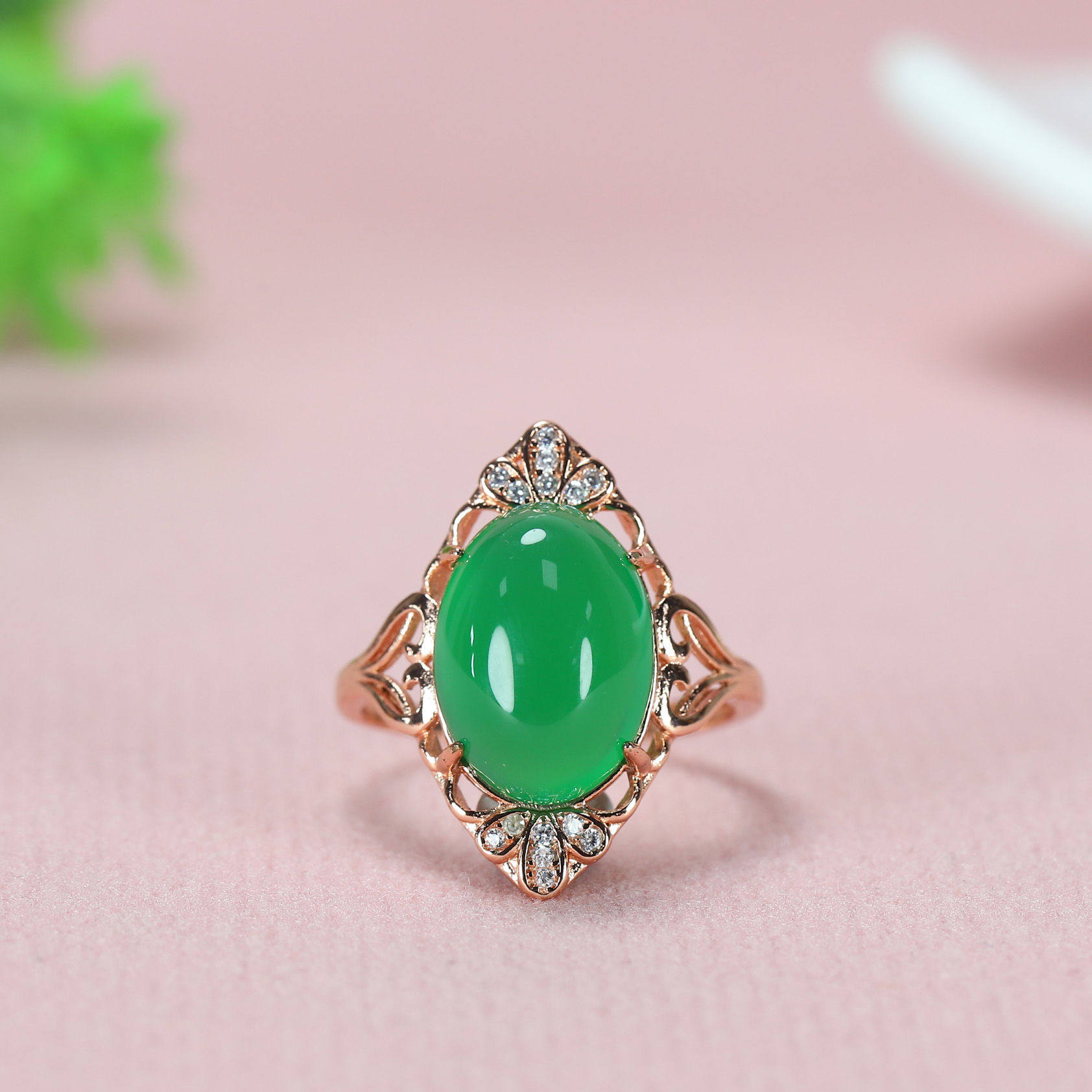 绿玛瑙玉髓戒指时尚精致民族风绿色女士食指玉戒指环开口可调节