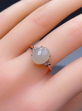 S925戒指 银镶嵌可调节女士戒指蝴蝶飞飞简约气质女士活口玉戒指