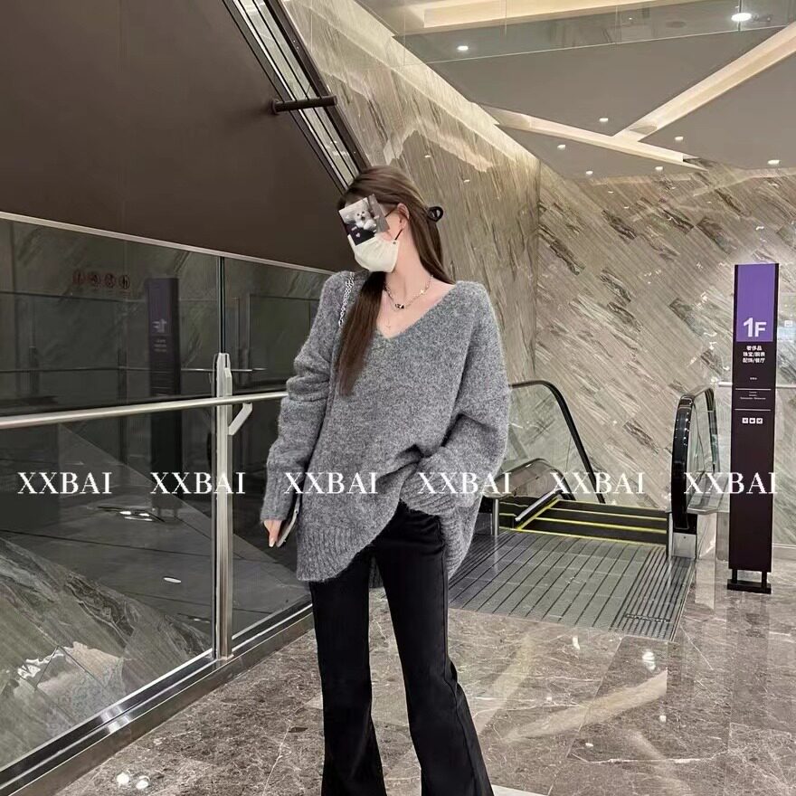 宽松慵懒大v领套头毛衣女小个子中长款针织衫2024新款秋装