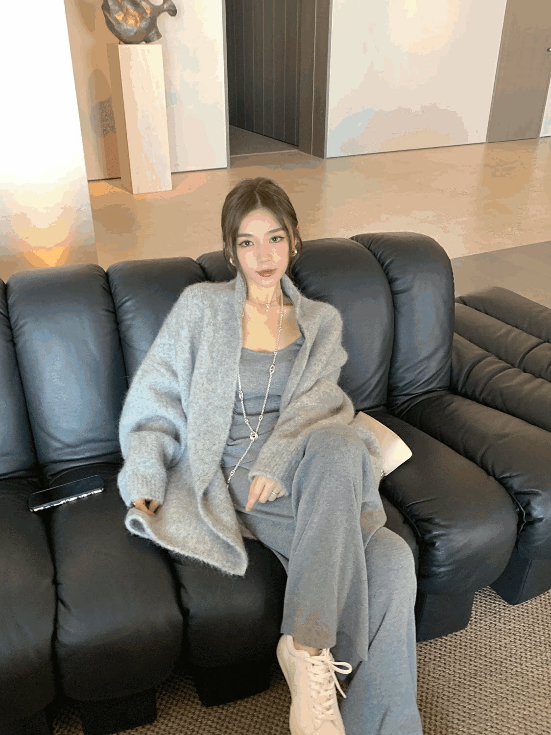 韩系chic中长款慵懒风针织开毛针织衫