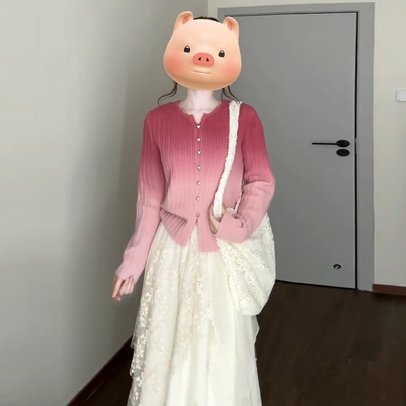 渐变粉红色毛衣外套女2025春新款慵懒高级感针织开衫气质短款上衣,女装/女士精品,毛针织衫,淘宝优惠券,粉丝福利购,淘宝优惠卷