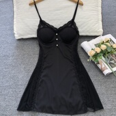 性感睡衣女款 冰丝绸蕾丝带胸垫露背吊带睡裙网纱短裙 纯欲风春夏季
