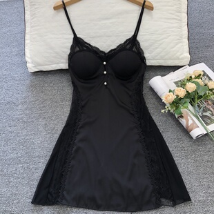 性感睡衣女款纯欲风春夏季冰丝绸蕾丝带胸垫露背吊带睡裙网纱短裙