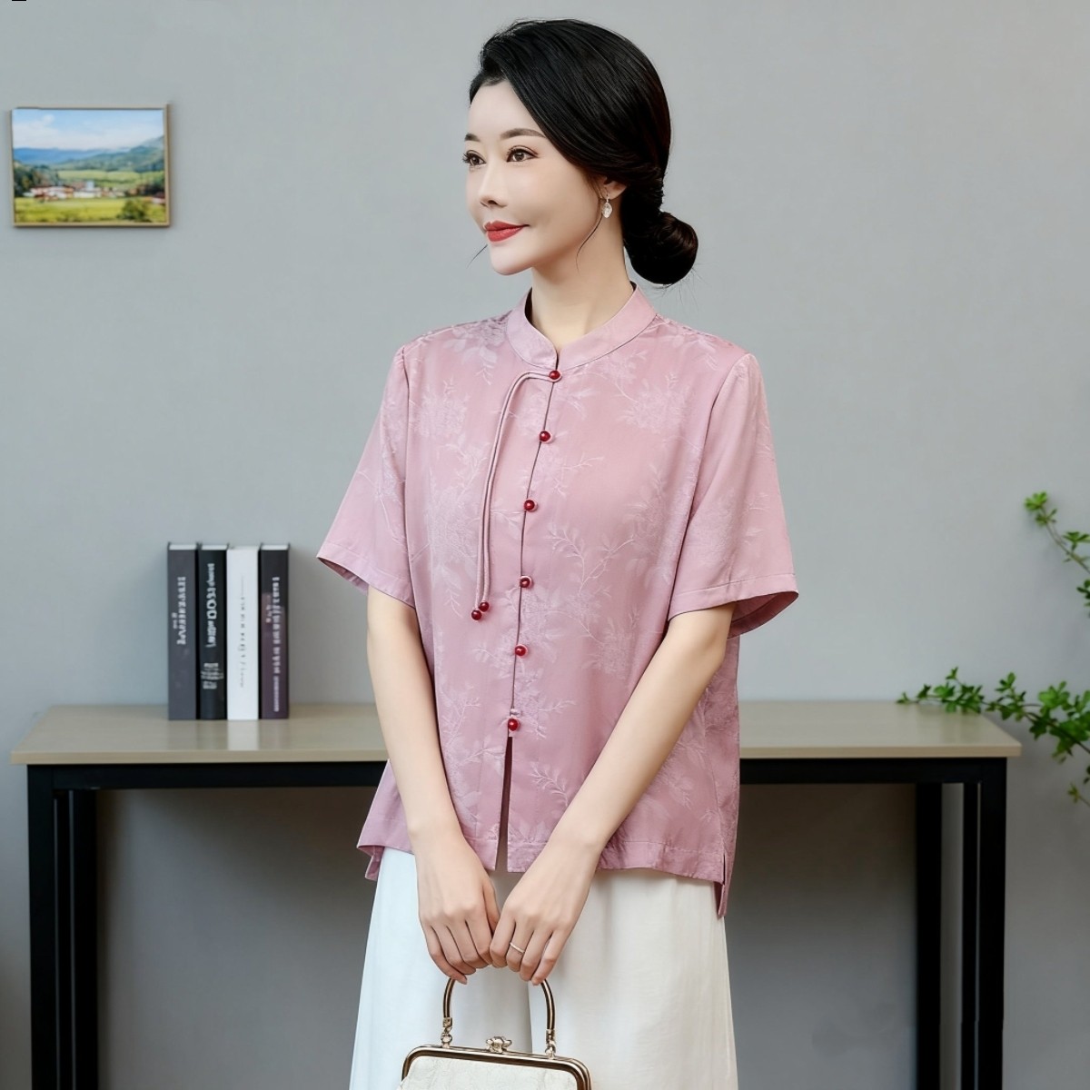 中年妈妈夏装复古汉服锦缎上衣