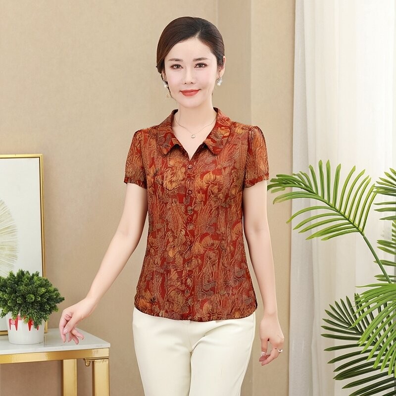 新款时尚中年洋气女装上衣薄短袖速干透气网纱衬衫50妈妈夏装