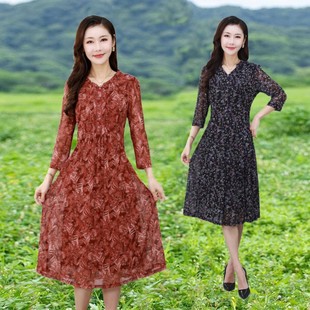 七分袖 春夏装 圆领台湾网纱气质长裙子 新款 连衣裙中年女妈妈装
